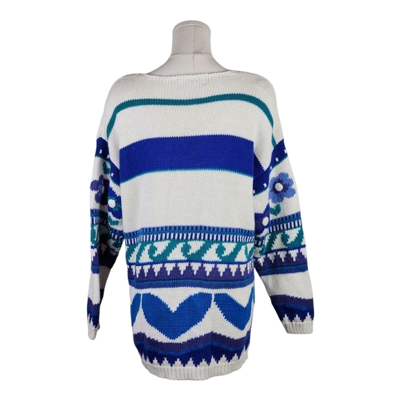 Vintage Worthington 80s Floral Knit Sweater L Bold Blue Geometric Pullover - Picture 4 of 7